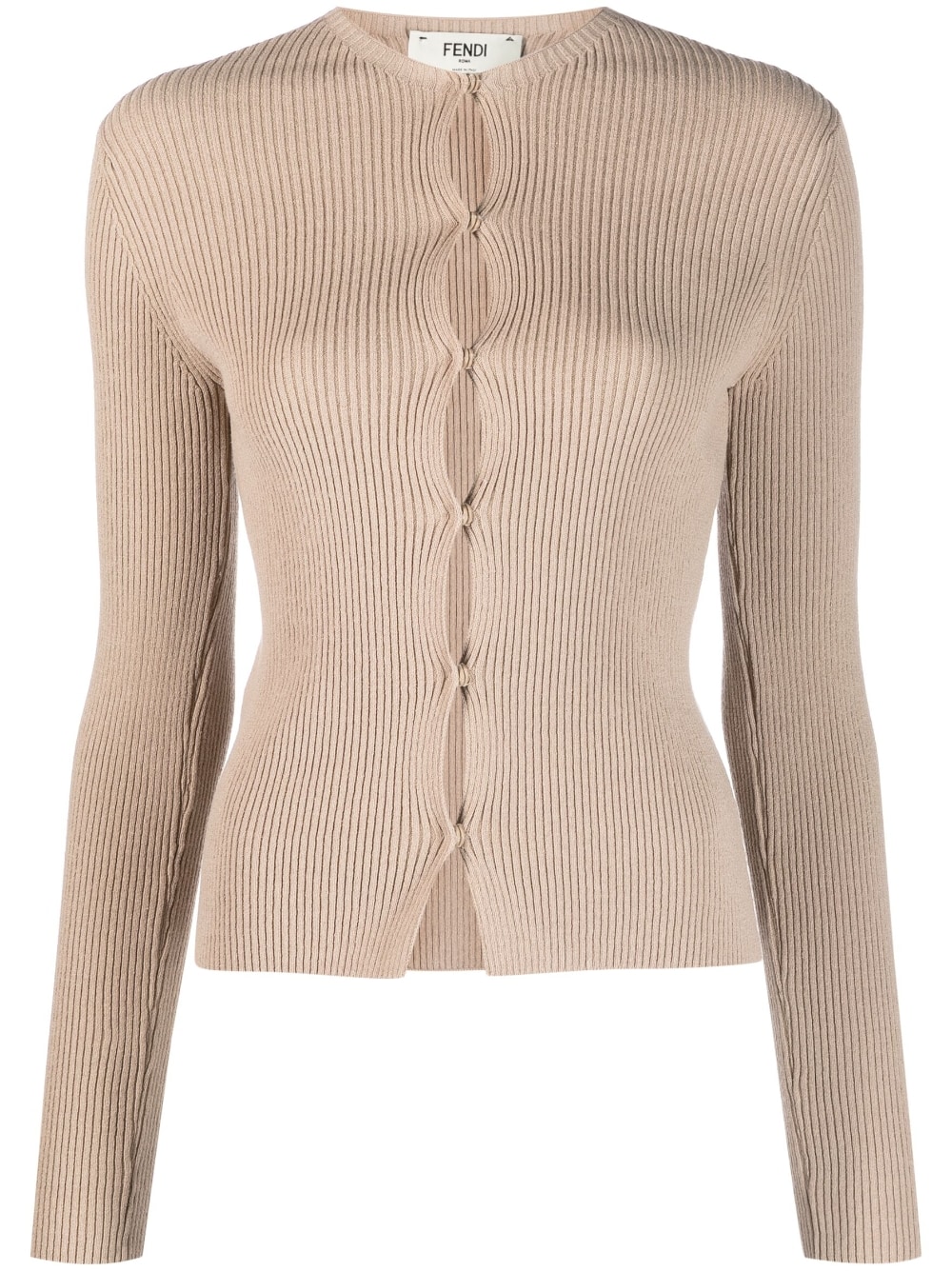 Shop Fendi Ribbed Cotton Cardigan In Beige