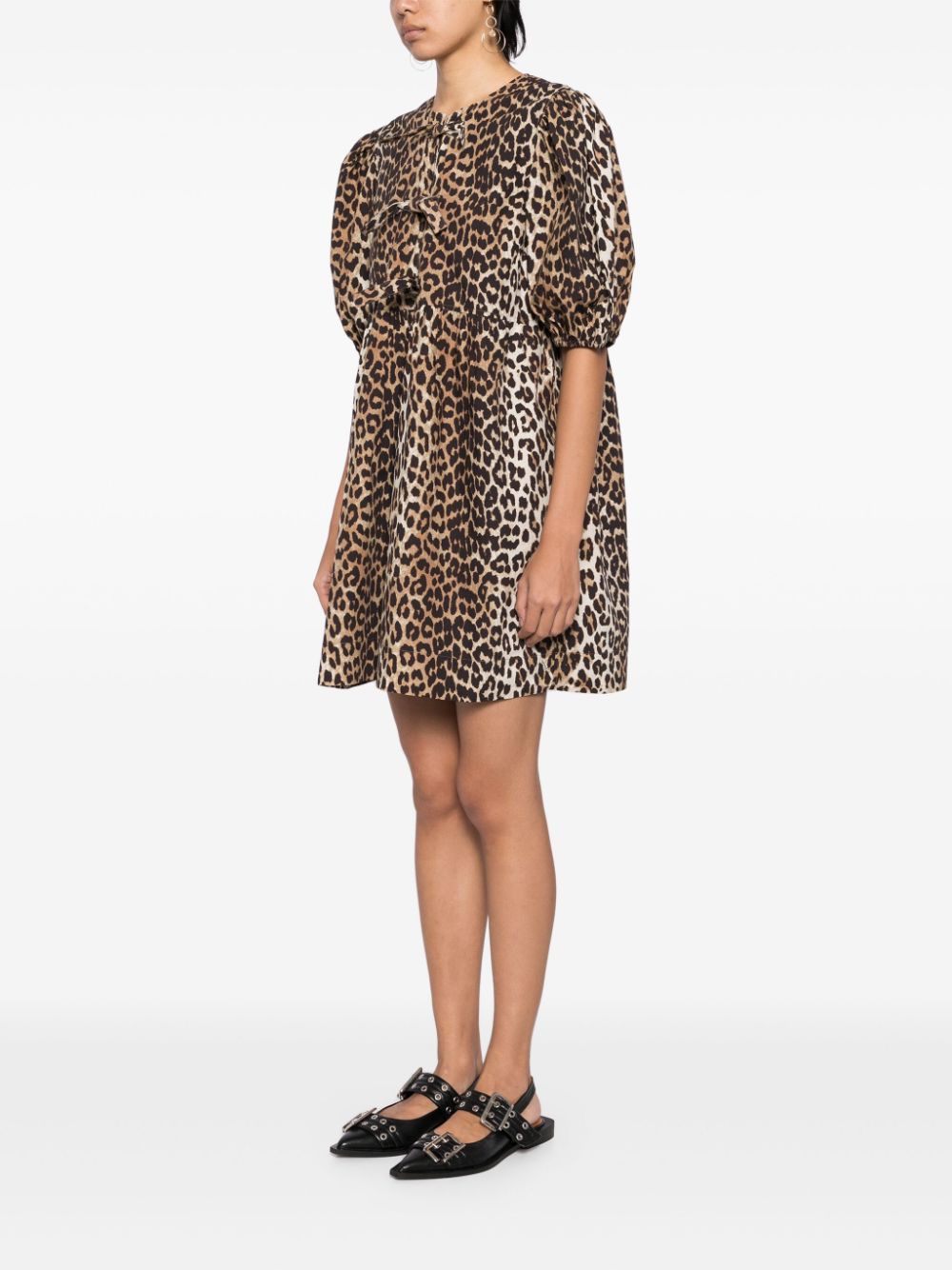 GANNI LEOPARD PRINT COTTON MINI DRESS