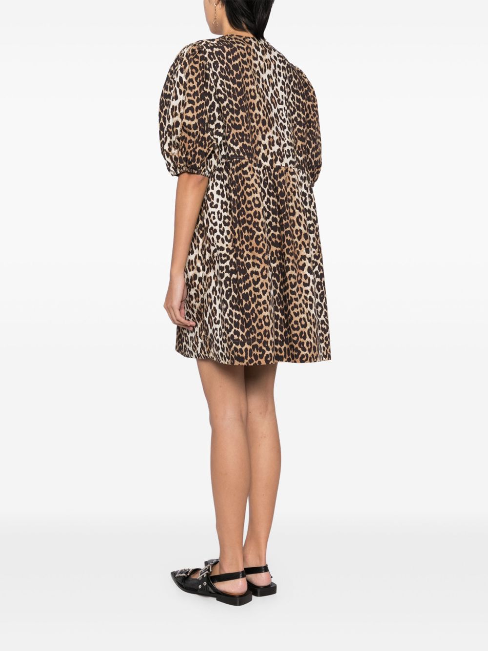 Shop Ganni Leopard Print Cotton Mini Dress In Animalier