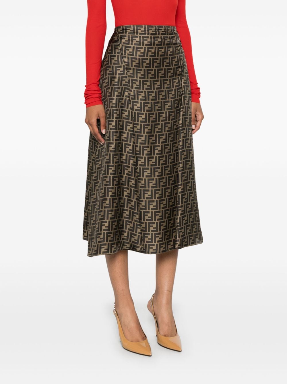 Shop Fendi Ff Silk Midi Skirt In Brown
